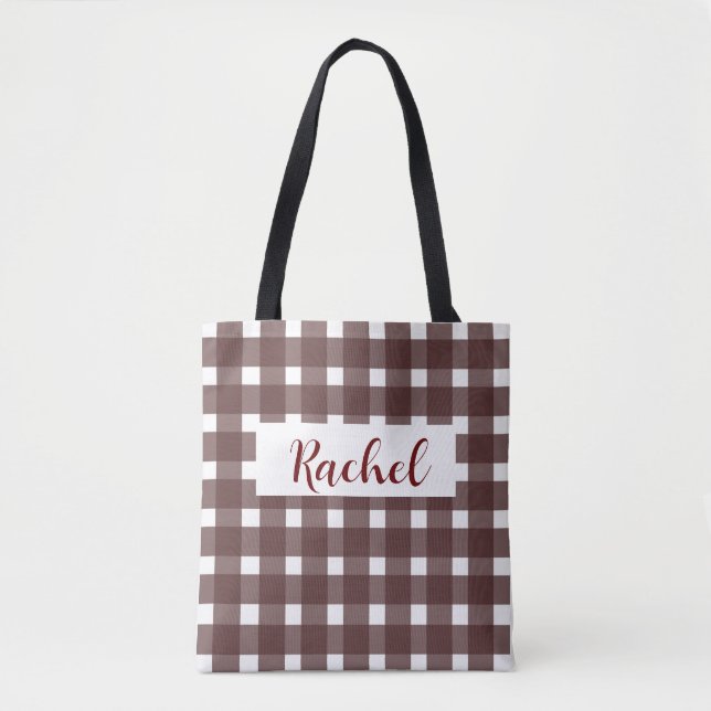 Gingham Branco Castanho Personalizado Tote Bag (Frente)