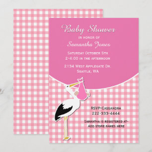 Gingham Rosa com Convite para Chá de fraldas de T