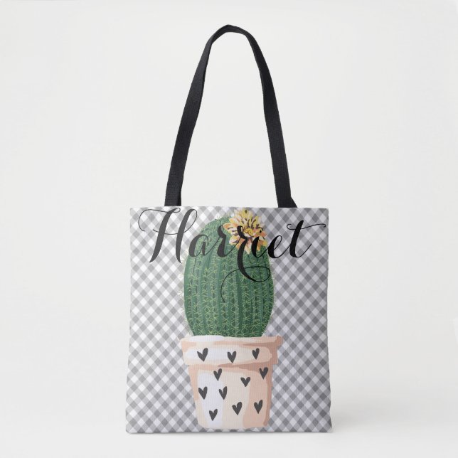 Gingham Tote Bag com pote Cactus Personalizável (Frente)