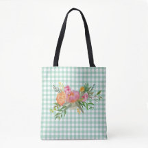 Gingham Verde com Flores de Pênia Tote Bag