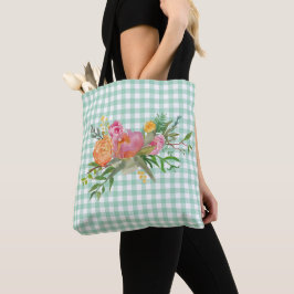 Gingham Verde com Flores de Pênia Tote Bag