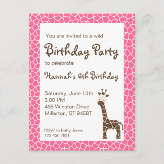 Girafa Convite de aniversário selvagem (rosa)