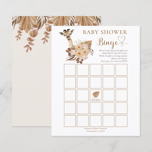 Girafa Fofa Fofa Bingo Chá de fraldas de Graus Sec (Frente/Verso)