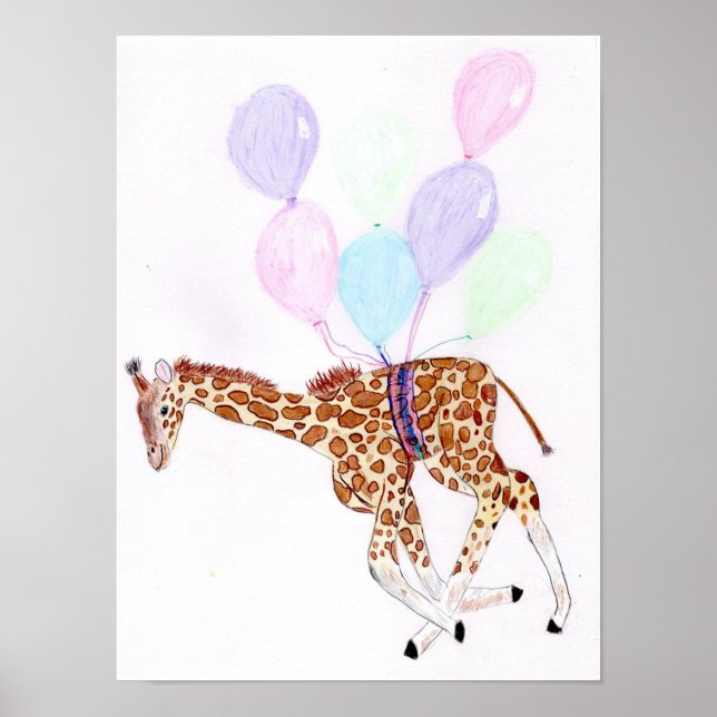 Giraffe flying with some balloons Poster (Frente)