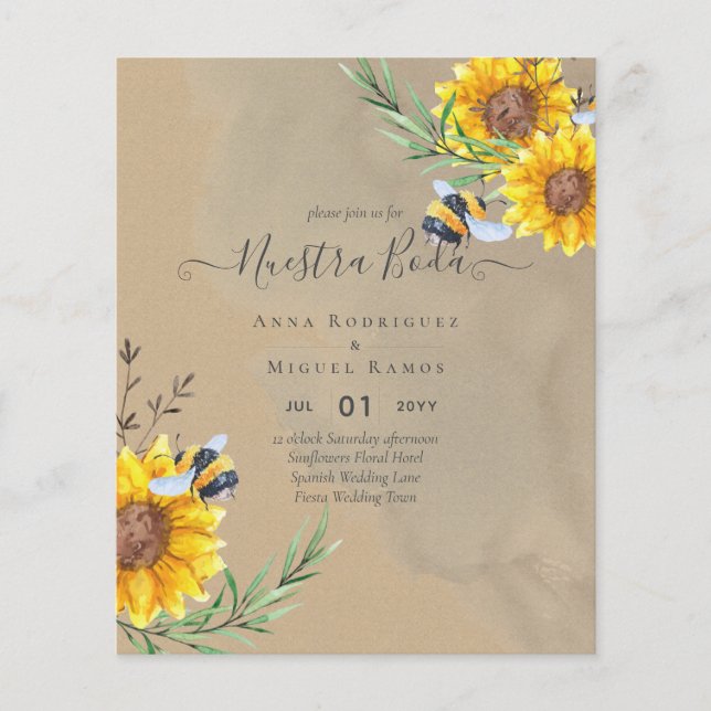Girasoles de Invitación de Boda Econômica Bilingüe (Frente)