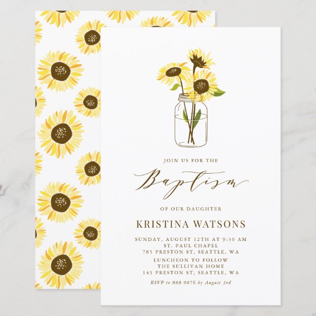 Girassóis Amarelos no Convite Batismo Mason Jar (Frente/Verso)