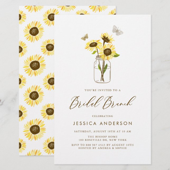 Girassóis Amarelos no Convite de Jar Bridal Brunch (Frente/Verso)