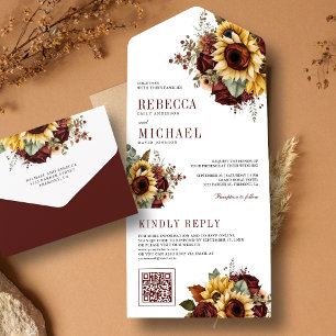 Girassóis Borgonha Floral Código QR Casamento