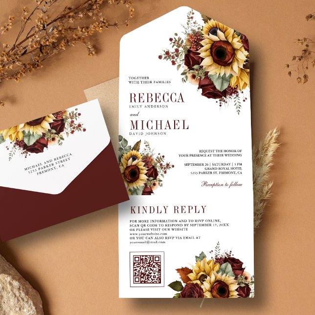 Girassóis Borgonha Floral Código QR Casamento (Criador carregado)
