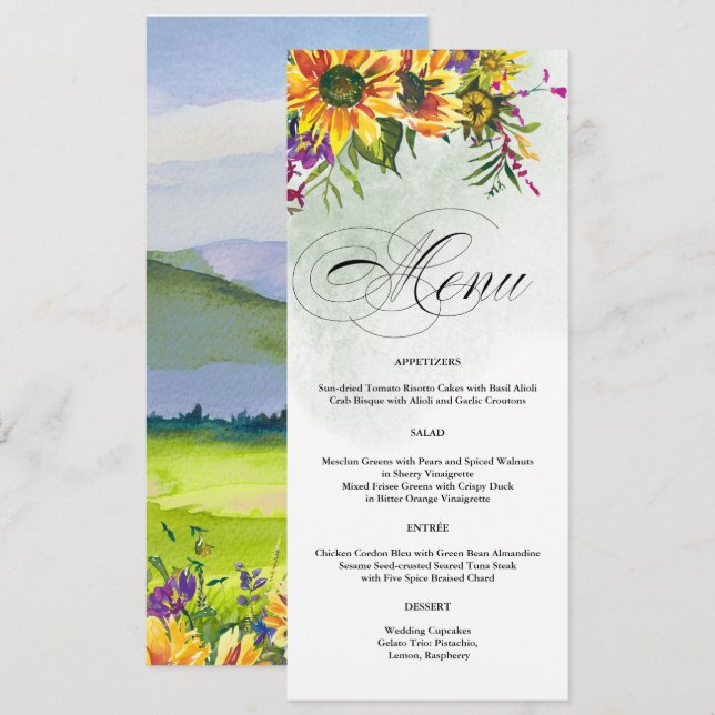 Girassóis | Cartões de menu para casamento de prad (Frente/Verso)