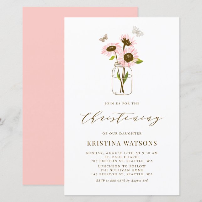 Girassóis cor-de-rosa em Mason Jar Christening Inv (Frente/Verso)