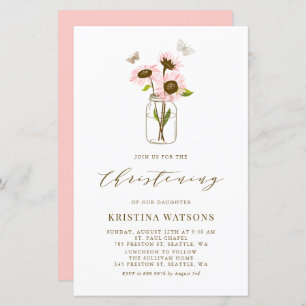 Girassóis cor-de-rosa em Mason Jar Christening Inv