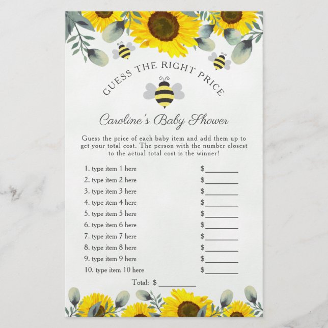 Girassóis e Abelhas - Chá de fraldas Adivinha Jogo (Frente)