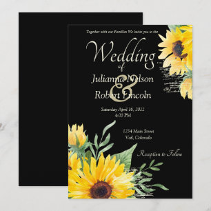 Girassóis em aquarela em convite de casamento pret
