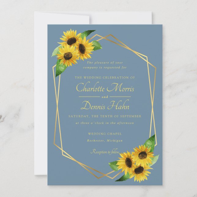 Girassóis no convite de casamento azul (Frente)