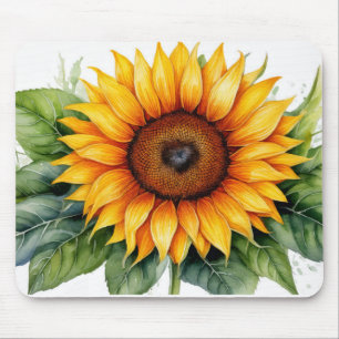 girassol de aquarela com folhas verdes e mouse pad
