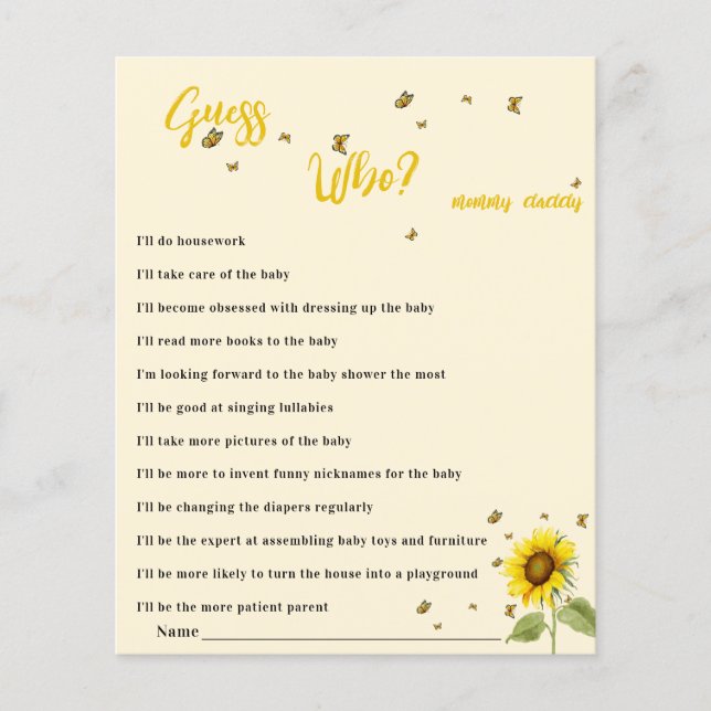 Girassol e borboleta Chá de fraldas adivinha quem  (Frente)