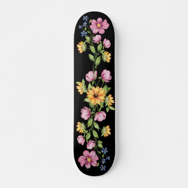 Girassol e flores silvestres no skate preto (Frente)