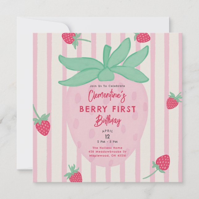 Girl Berry First Birthday Party Invitation (Frente)