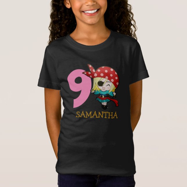 GIRL Birthday Pirate 9º Nome T-Shirt (Frente)