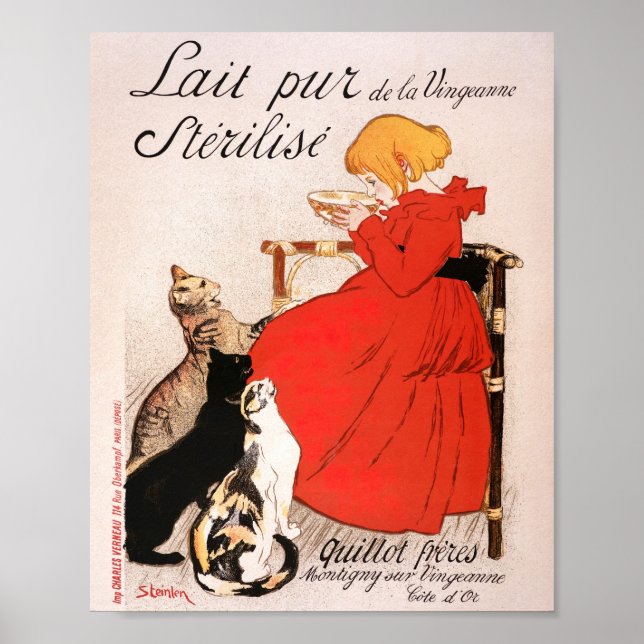 Girl in Red Dress Drinking Milk Steinlen Poster (Frente)