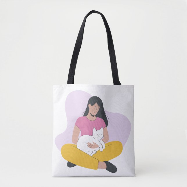 Girl with Cat – Cute Minimalist Cat Lover Tote (Frente)