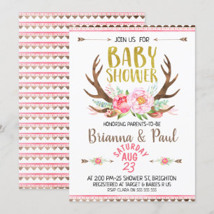 Girls Boho Floral Antlers Chá de fraldas Convite