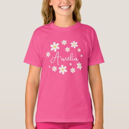 Girls Cute Personalised Floral Daisy Pink T-Shirt