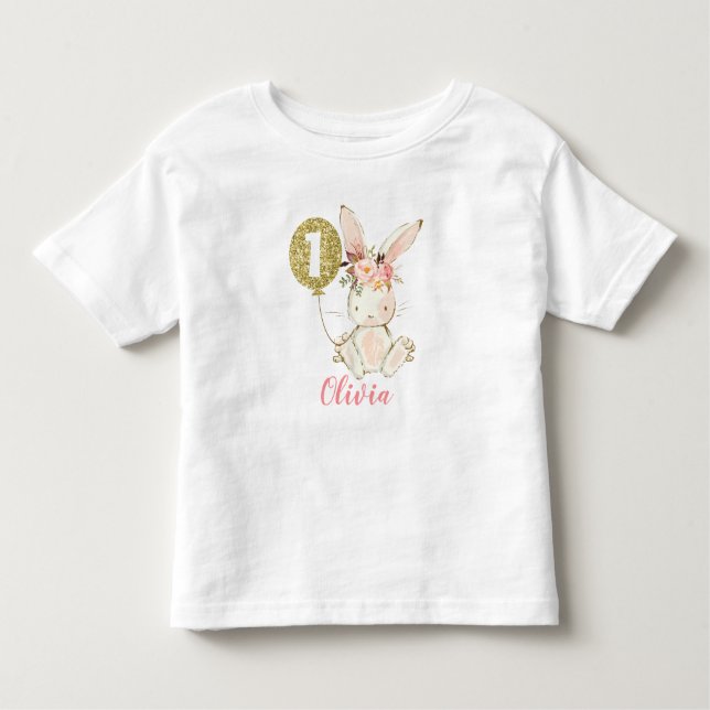 Girls Floral Bunny Primeiro Aniversário T-Shirt (Frente)