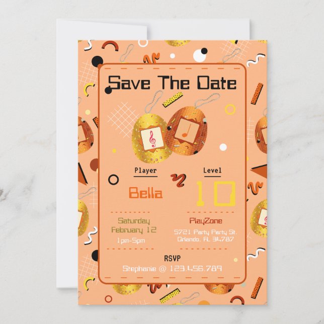 Girls Orange Gaming Tamagotchi Convite de Aniversá (Frente)