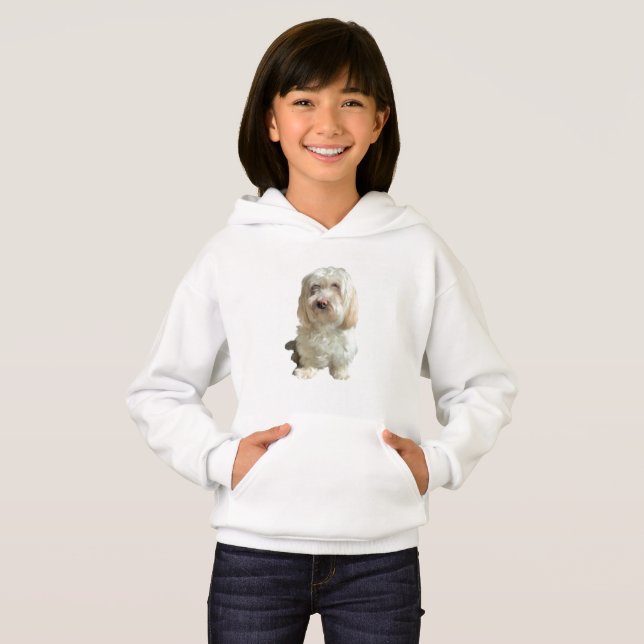 Girls Pullover Hoodie White Havanese (Frente Completa)