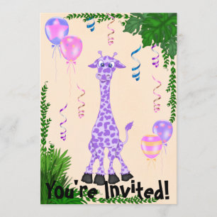 Girls Safari Purple Giraffe Convite de Aniversári