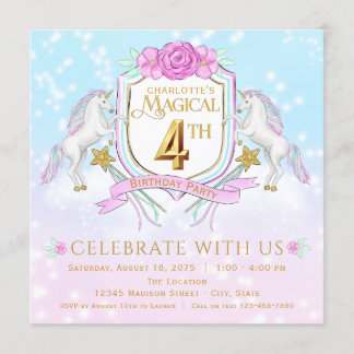 Girls Unicorn 4º Convites de festas de aniversário