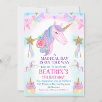 Girls Unicorn Cake Stars Convite de Aniversário