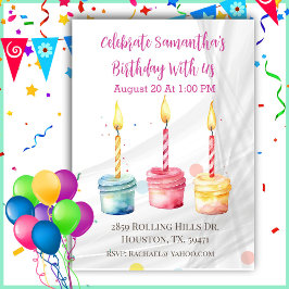 Girls Watercolor Cup Torna Convite de Aniversário