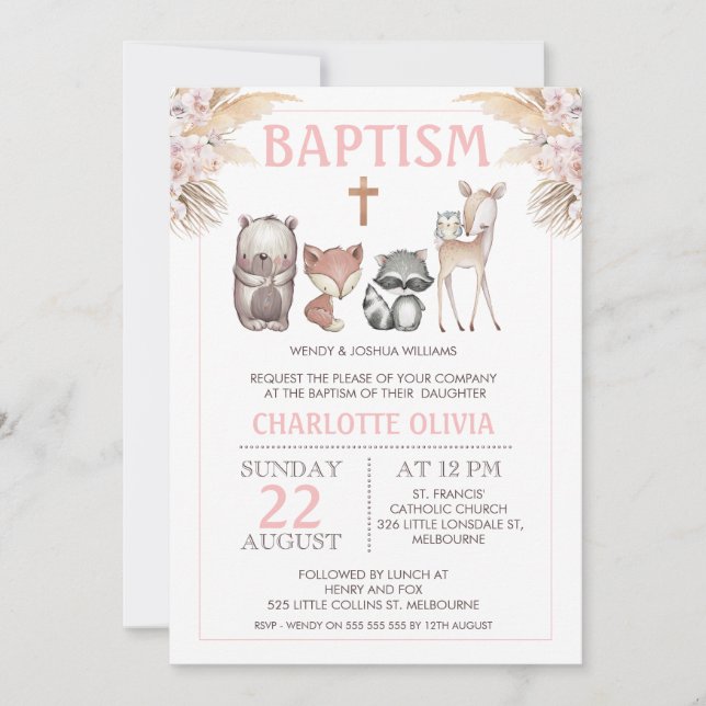 Girls Woodland Boho Floral Baptism Convite (Frente)