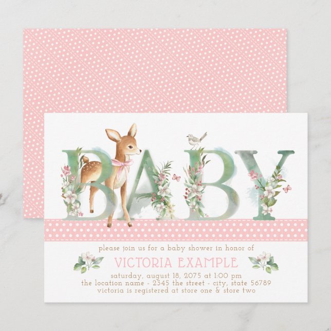 Girls Woodland Deer Baby Shower Convites (Frente/Verso)