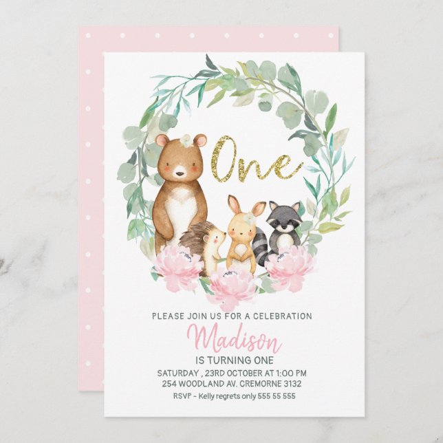 Girls Woodland Wreath Primeiro Convite de Aniversá (Frente/Verso)