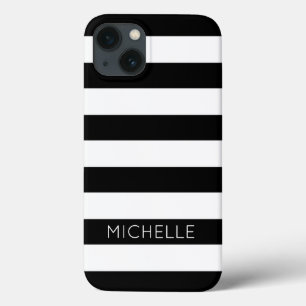Girly Black White Stripes Nome Personalizado Monog