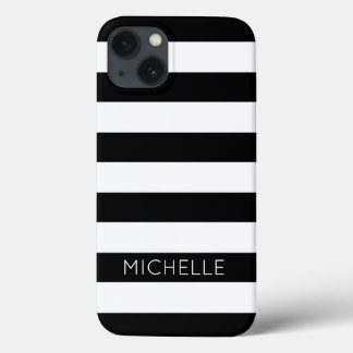 Girly Black White Stripes Nome Personalizado Monog