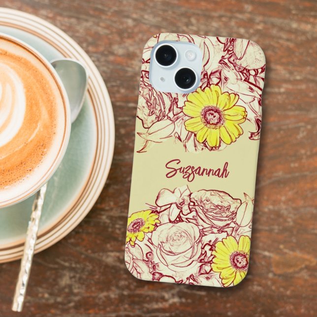 Girly Floral Custom Name Yellow Daisy Flower (This easy to personalize floral phone case is a sweet gift idea for any special occasion. )