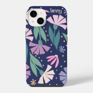 Girly Modern Pink Flowers capas de iphone Marinho 