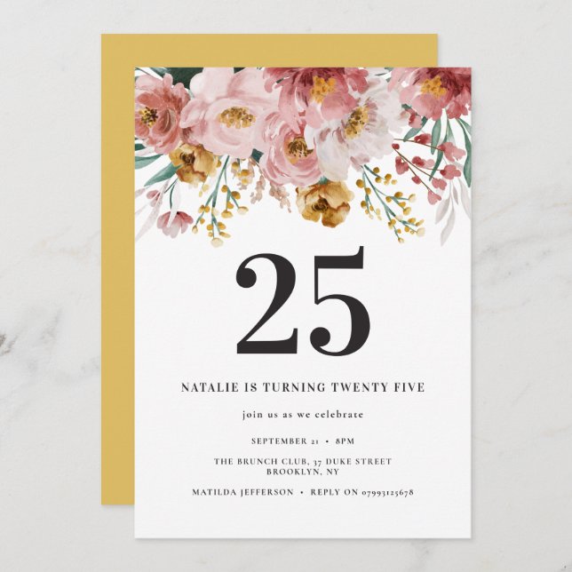 Girly watercolor floral, aniversário de idade edit (Frente/Verso)