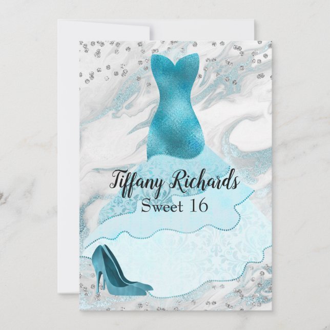 Glam Aquamarine Gown Sweet 16 Convite (Frente)