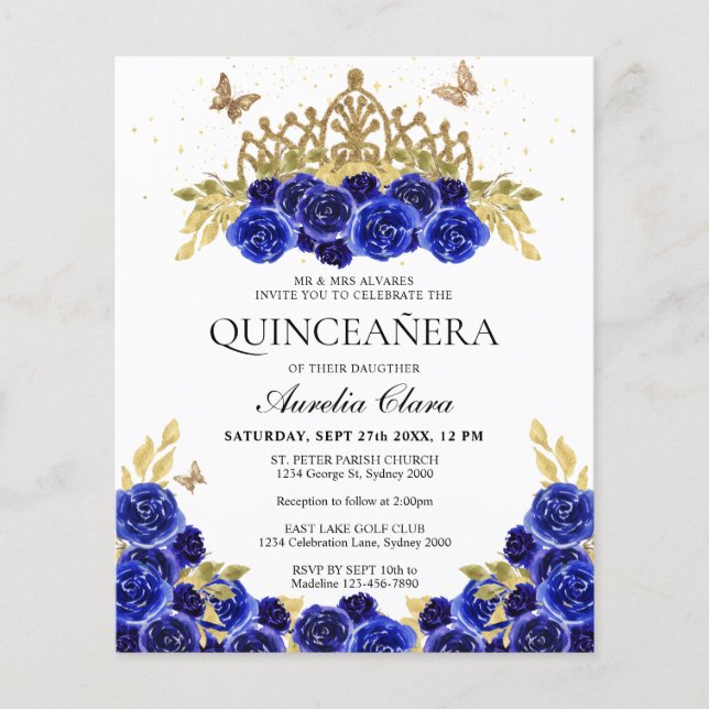 Glam Azul Floral Dourada Tiara Quinceanera (Frente)