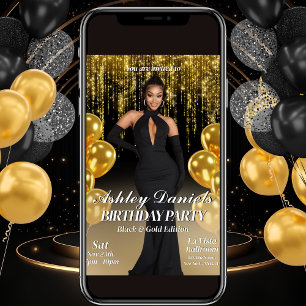 Glam Black e Dourado Convite de aniversário