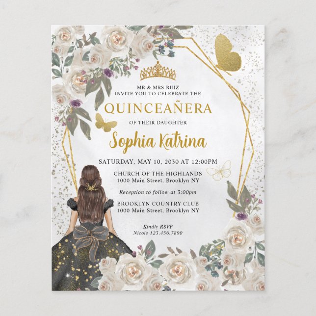 Glam Black Floral Princesa Dourada Quinceañera (Frente)