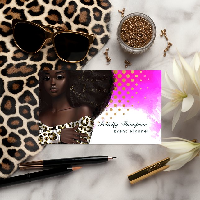 Glam Chic Afro Boss Lady QR Code Cartão de visita (Hairstylist business card)