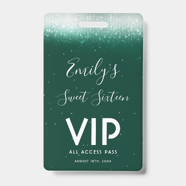 Glam Emerald Sweet 16 Convite VIP Pass Crachá (Frente)