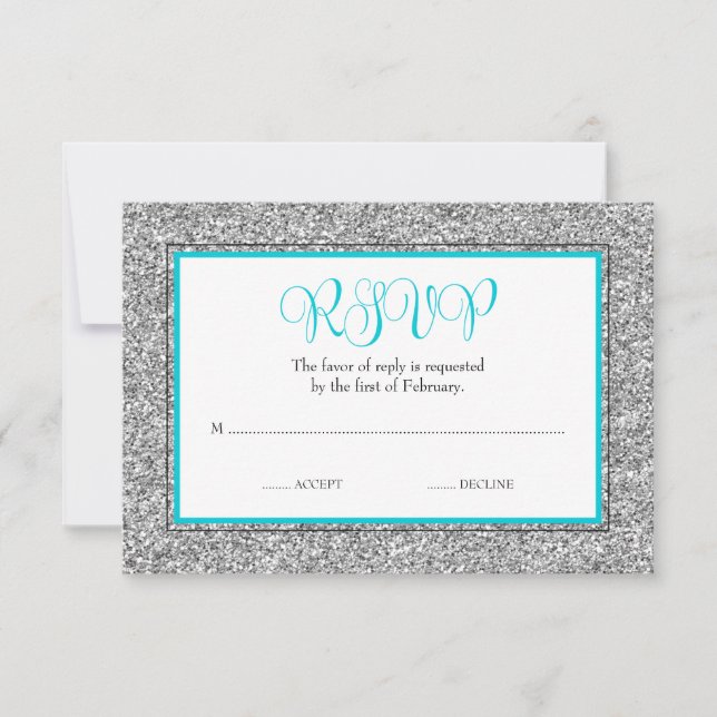 Glam Faux Glitter Silver Teal Blue RSVP (Frente)